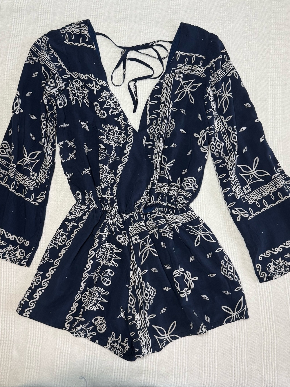 Faithfull the Brand Navy and White Boho Bandana Pattern Romper/Cover Up